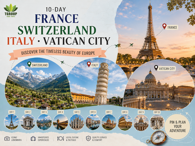Tour Tây Âu: Pháp – Thụy Sỹ – Ý – Vatican 11N10Đ 2026 | Paris – Zurich – Venice – Rome (Turkish Airlines)